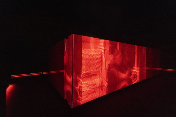 LED screen display housed within a glass & steel box structure