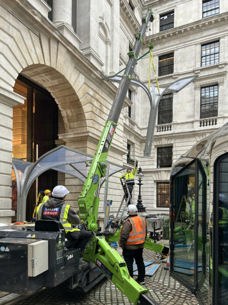 Stage One team using spider crane to lift steel canopy