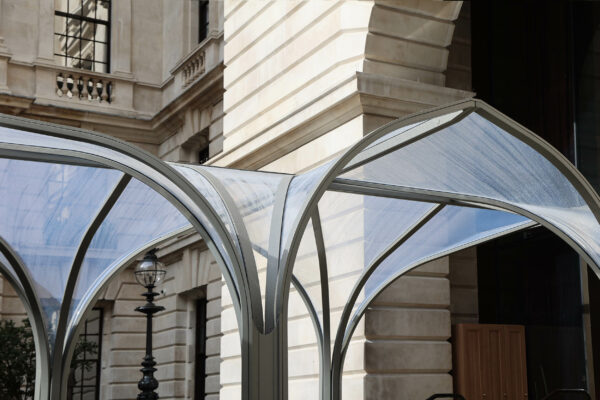Close up image of steel canopy with transparent roofing