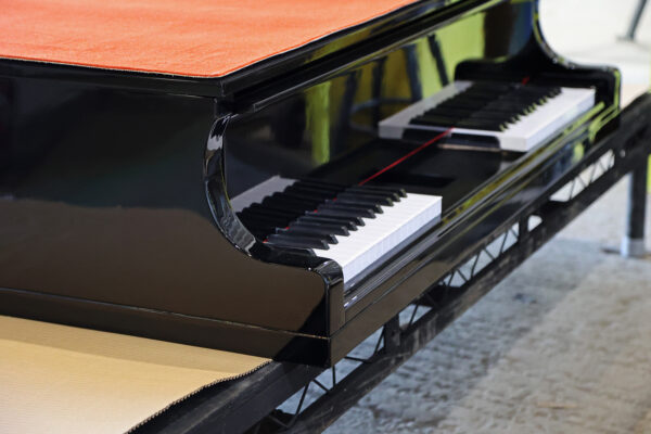 Photo of black piano body with keys in place and orange carpet on top