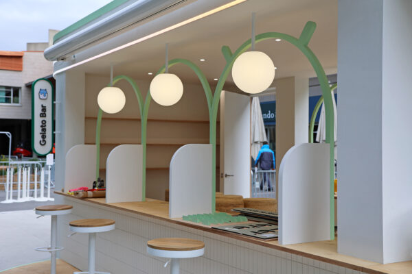 Close up photo of Gelato Bar exhibition structure for Android Avenue at Mobile World Congress 2025
