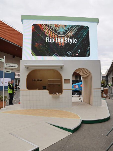 Photo of two-storey info Kiosk exhibition structure for Android Avenue at Mobile World Congress 2025