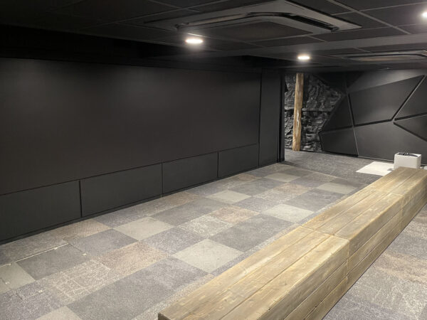 Photo or media space showing screen built into black painted wall with timber benches in front