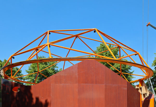 Photo of Play Pavilion steel roof canopy structure, painted orange