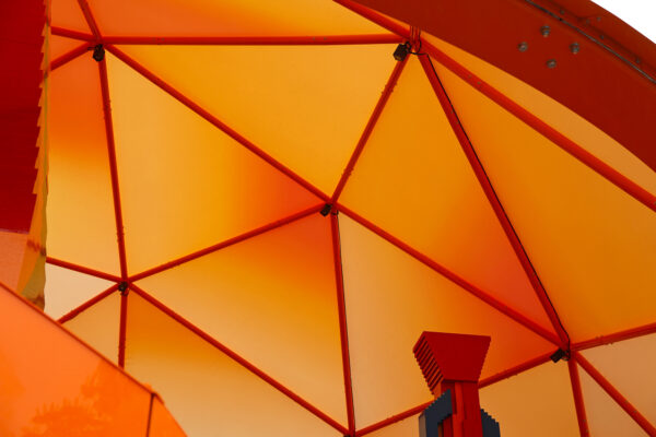 Photo of metal roof canopy structure covered with tensioned fabric membrane