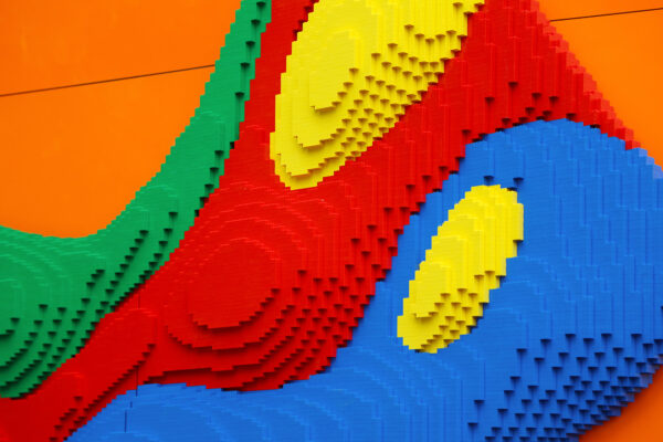 Close up photo of a wall mounted bespoke LEGO brick build