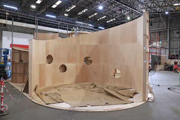 Photo of plywood curved wall erected in workshop