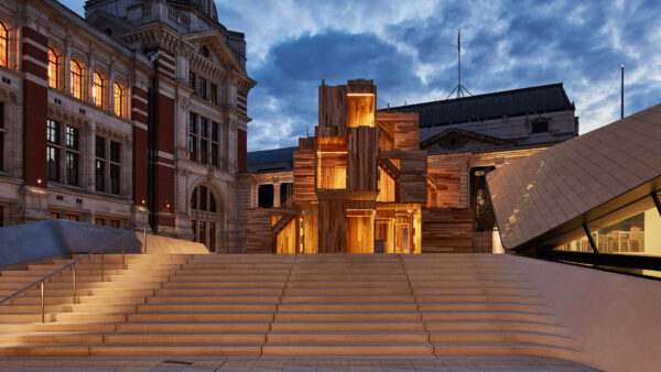 Photo of Multiply timber installation located at the V&A in London at dusk